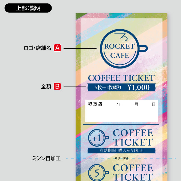 喫茶店カフェ用・カラフルカラーストライプ 回数券デザイン21