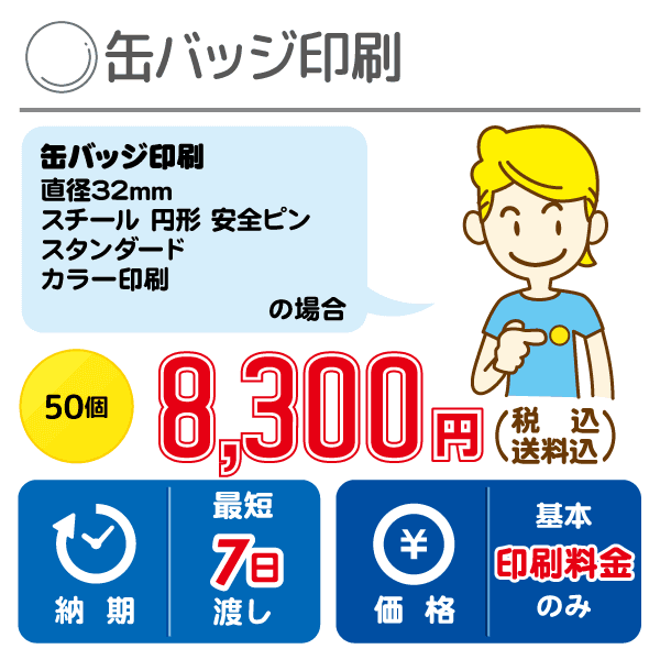 缶バッジ32mmスタンダード50枚8,300円（税込・送料込）最短7日渡し